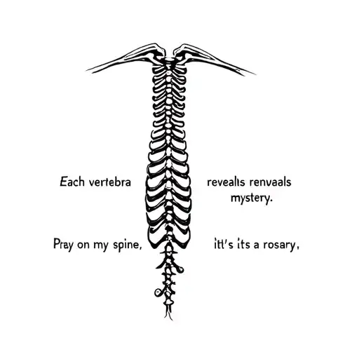 The words "Each vertebra reveals a mystery. Pray on my spine, it's a rosary" as line art tattoo design idea