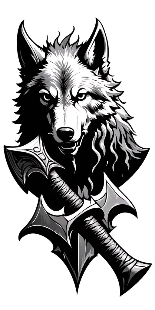Wolf viking anvil hammer gothic sea waves fire night tattoo design idea