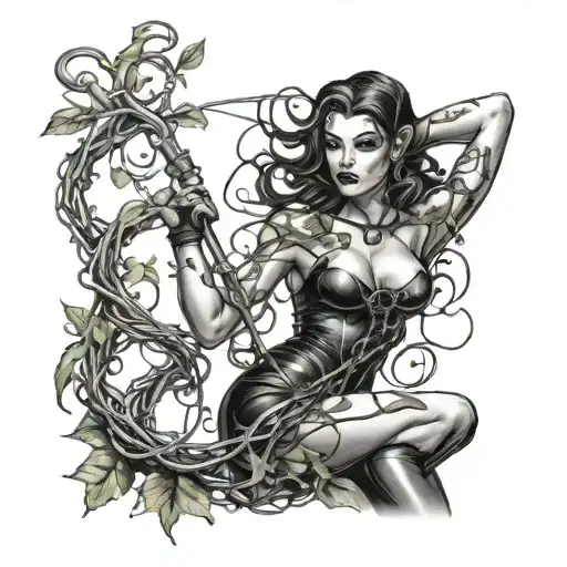 realism tattoo of a dominatrix with a whip intertwined with vines tattoo design idea