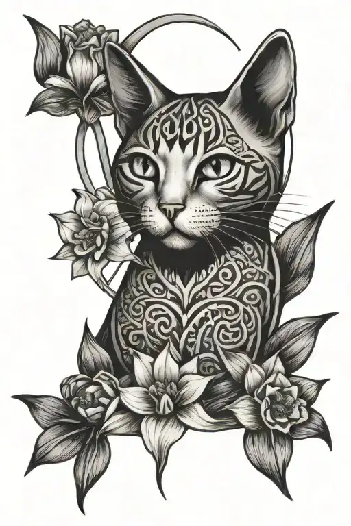 cat and daffodil flowers with celtic knot in the backgrounds tattoo design idea