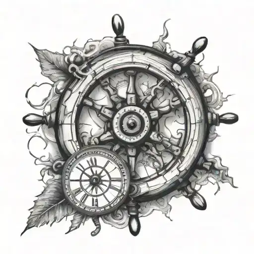 ships wheel with a watch broken and healed tattoo design idea