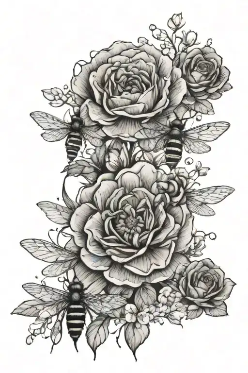 bees and dragonflies roses daisy water lily tattoo design idea