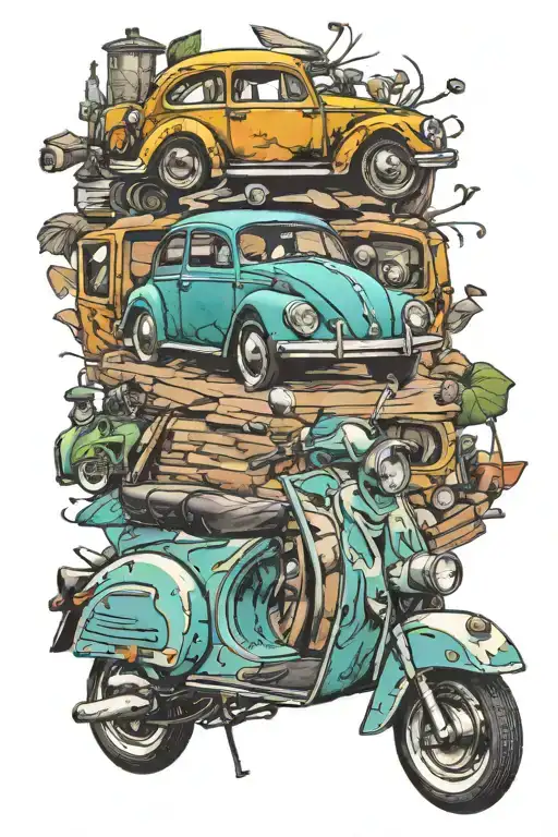 vw beetle type 1 and px vespa scooter tattoo design idea