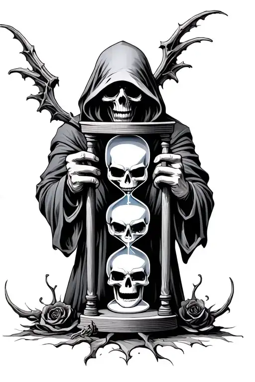 grim reaper holding hourglass with skull in bottom tattoo design idea