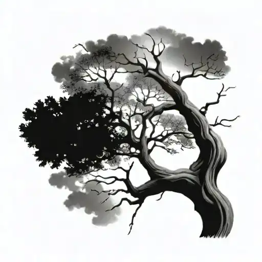 tree with broken limbs standing side by side tattoo design idea