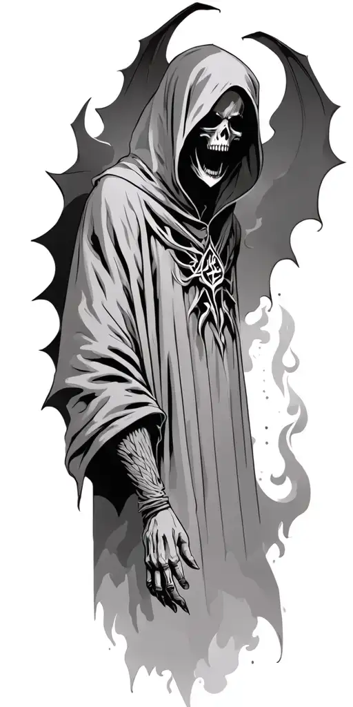 hooded reaper silohuette, smoke, fire, scary, bat wings tattoo design idea