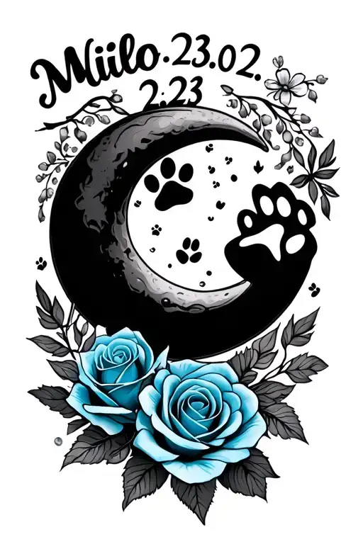Flowers half moon and my original tattoo saying Milo 23.02.23 with a blue rose and small paw print  tattoo design idea