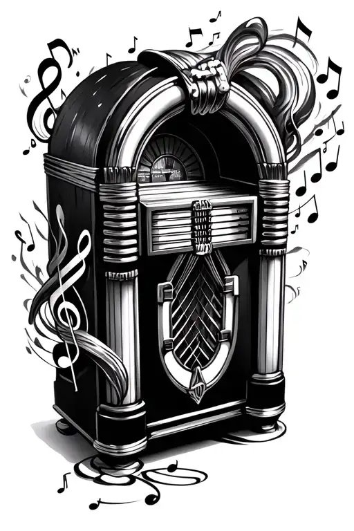 1950s jukebox with music notes, flowing up and out of it tattoo design idea