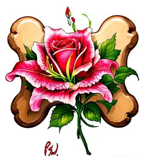 Dog bone with a red spider lilly and a pink rose  tattoo design idea