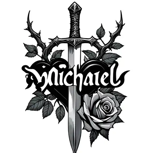 The name Michael with thorn roses a heart on the back of elbow and the name centered below a cross sword  tattoo design idea