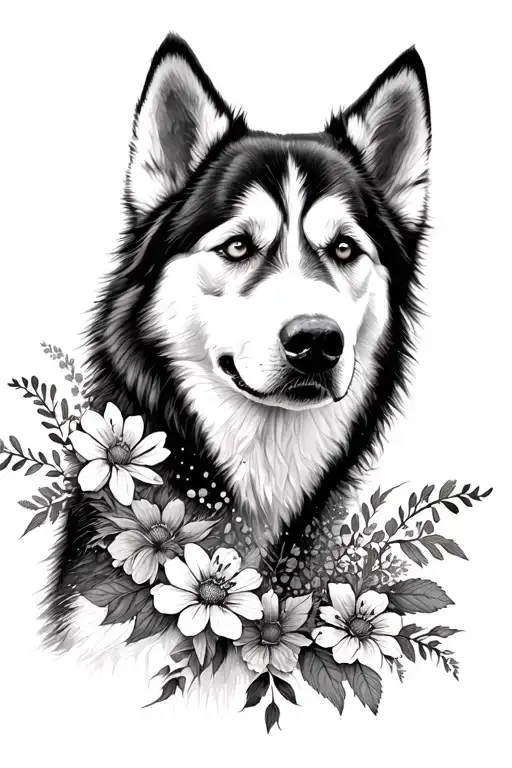 Siberian Husky with flowers tattoo design idea