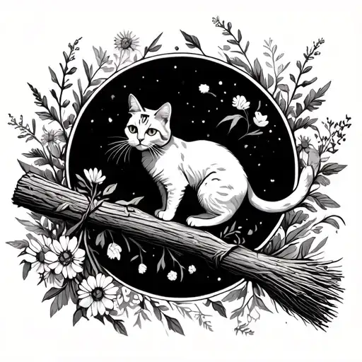 circle drawing with cat on a broomstick with wildflowers  tattoo design idea