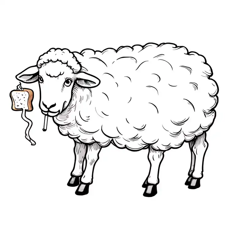 one black sheep, leaning back slightly, holding a slice of white bread in one hoof and has a lit cigarette in its mouth tattoo design idea