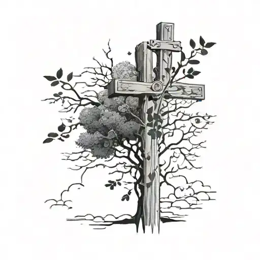a bare tree with a cross four leaf clovers at the bottom. a greek column a schythe. and clouds. “remember who you are an tattoo design idea