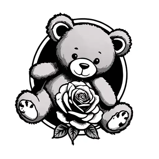 a teddy bear and a rose inside a cancer patch  tattoo design idea
