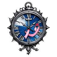 memory clock face tattoo with navy anchor and cancer awareness ribbon tattoo design idea