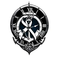 memory clock face tattoo with navy anchor and cancer awareness ribbon tattoo design idea