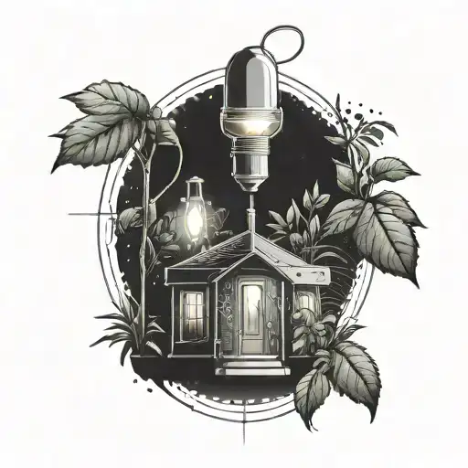 A futuristic tattoo of a growtent illuminated by a glowing light bulb, representing the client's innovative approach to plant growing tattoo design idea