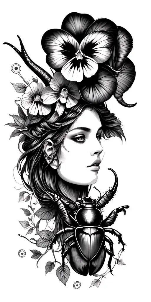 Capricorn symbols intertwined, Libra symbols, pansy flower,  butterfly, astrology, woman with horns, beetle tattoo design idea