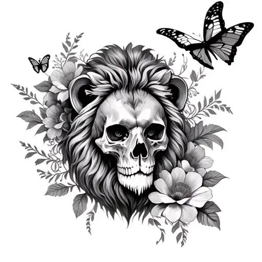 Skull And Butterflies and lion head and time and flowers forearm sleeve tattoo design idea