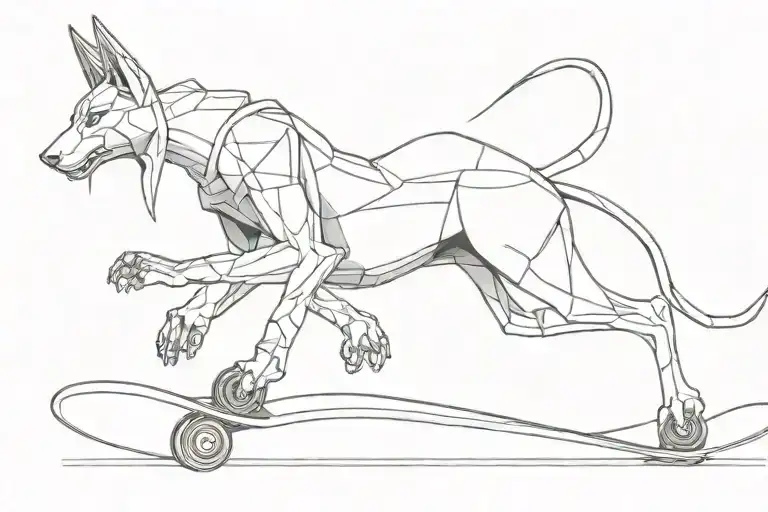 A sketch tattoo of a futuristic Anubis riding a skateboard, blending the client's love for ancient mythology and modern sports tattoo design idea