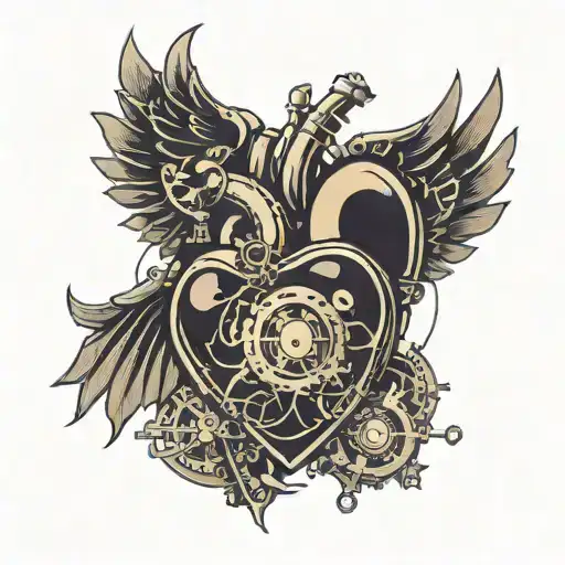 A biological shaped human heart in steam punk design enclosed and protected by demon wings  tattoo design idea