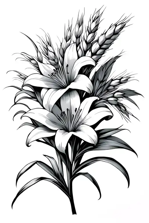 Hirondelles, ear of wheat, lilies tattoo design idea