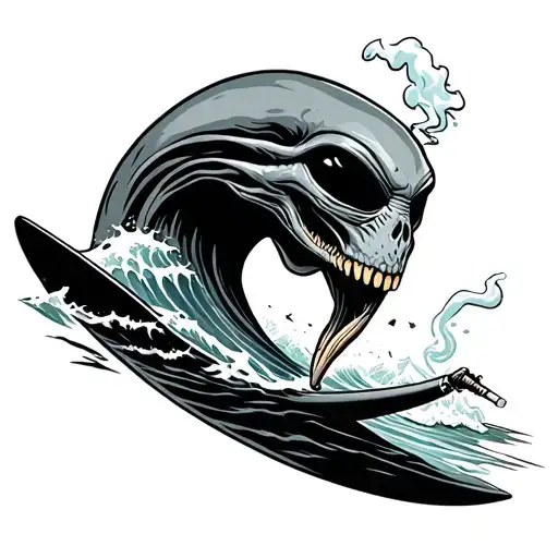 alien surfing wave smoking a joint ts tattoo design idea