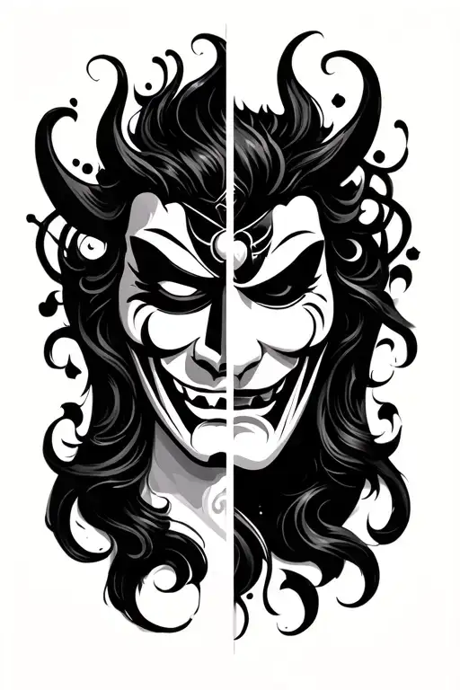 happy left side face, sad right side face, hannya mask split in half sleeve tattoo, minimal detail tattoo design idea