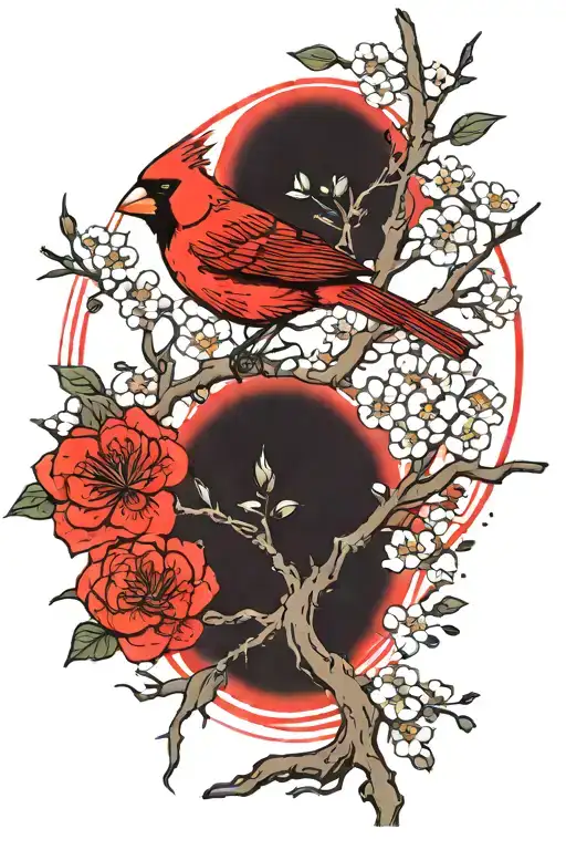red cardinal perched on a tree branch with flower surrounded tattoo design idea