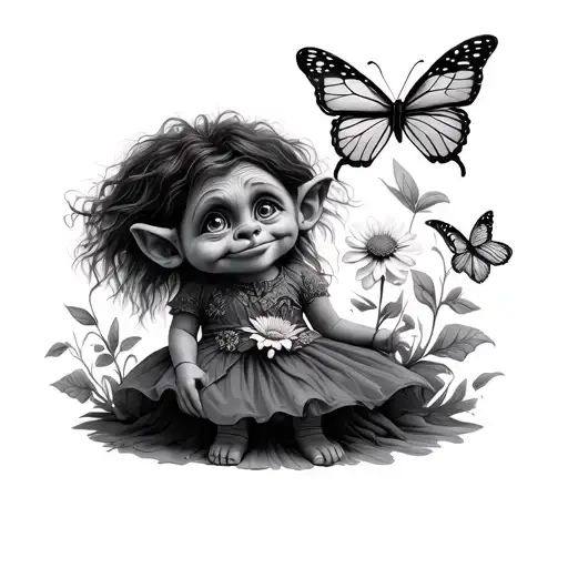 troll with big eyes and a dress holding a flower and butterfly around it  tattoo design idea