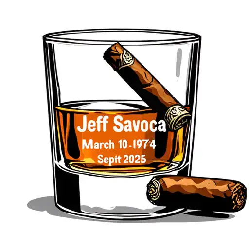 I WANT A whiskey glass with engraved RIP Jeff Savoca March 10th 1974-Sept 8th 2025 on it with a cigar next to it tattoo design idea