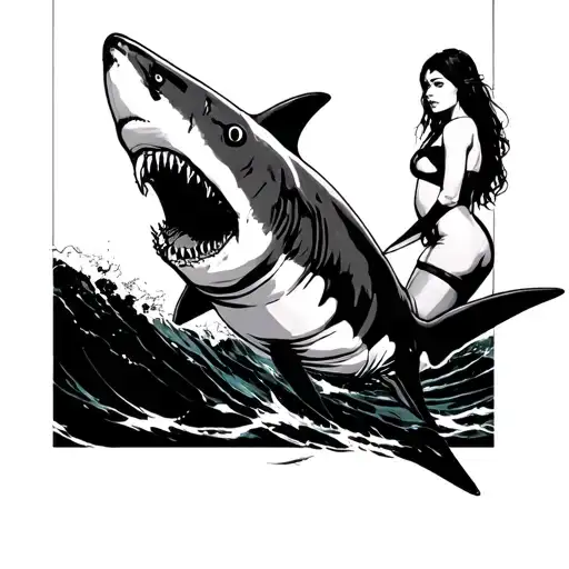bull shark with girl in background tattoo design idea