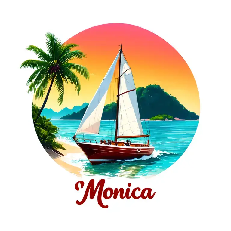 "Monica" "Monica" white sailboat front, sailing towards sunrise, background island palm, ocean, beach vibrant color tattoo design idea