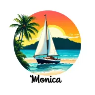 "Monica" "Monica" white sailboat front, sailing towards sunrise, background island palm, ocean, beach vibrant color tattoo design idea
