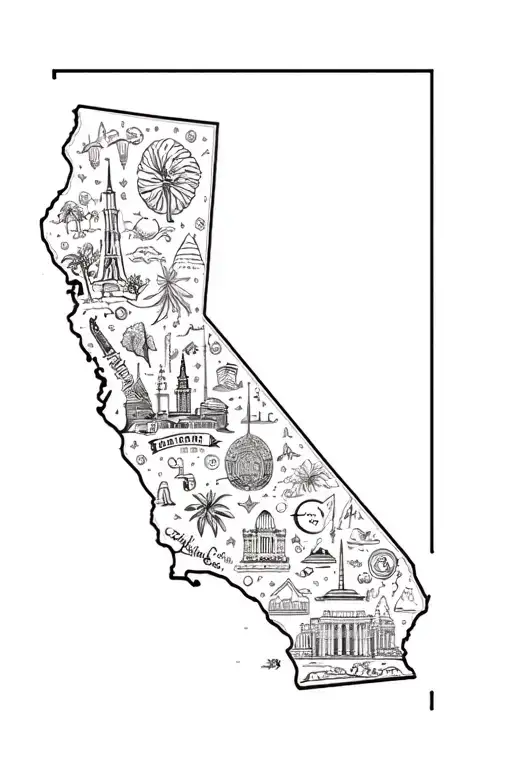 A tattoo design of the California state outline filled with iconic landmarks and symbols, representing the client's fondness for their home state tattoo design idea