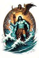 Zues in a thunderstorm while Poseidon is making waves and Hadies is opening portals  tattoo design idea