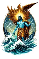 Zues in a thunderstorm while Poseidon is making waves and Hadies is opening portals  tattoo design idea