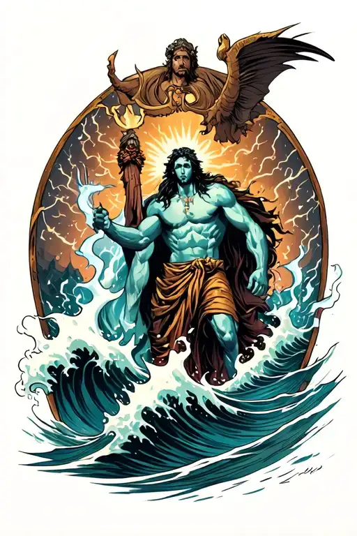 Zues in a thunderstorm while Poseidon is making waves and Hadies is opening portals  tattoo design idea