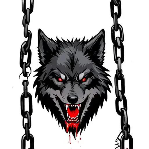 Three black aggressive wolf with a bloody grin, with red eyes bursting out of the chains tattoo design idea