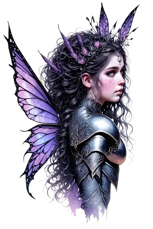 gothic fairy with armor and beautiful face tattoo design idea