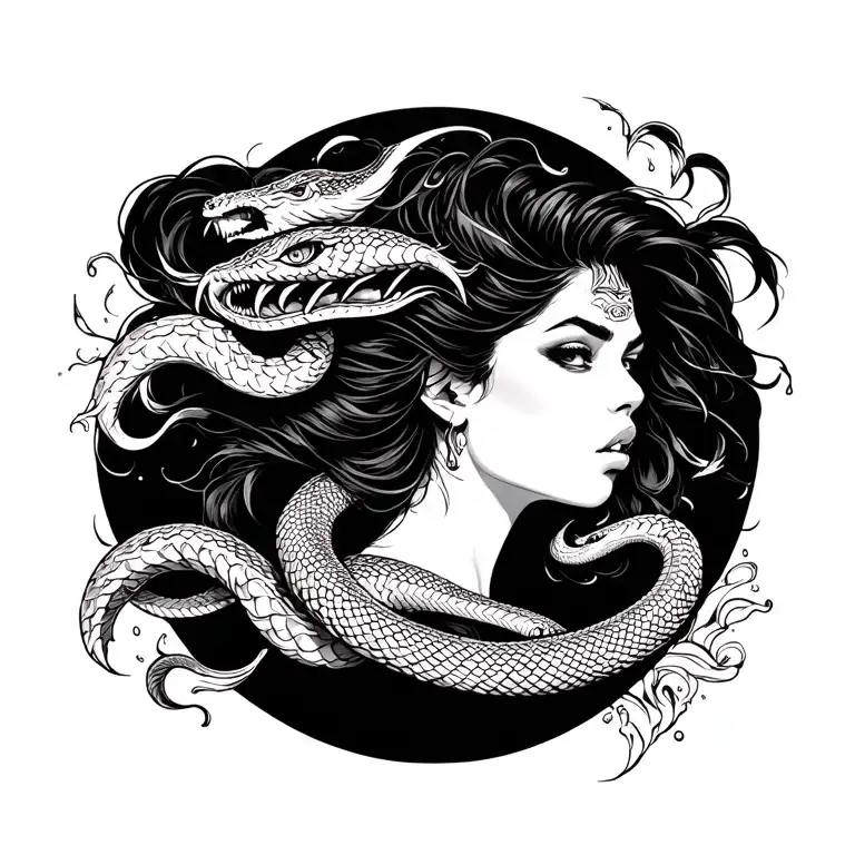 warrior girl Versace pattern  and furious water  waves and angry snakes  tattoo design idea