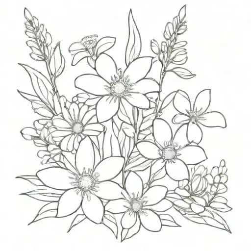 Bouquet out of Daisies, Larkspur, Waterlilly, sweet pea flowers tattoo design idea