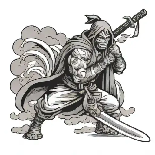a samaruai holding a katana dressed as a superhero with clouds and smoke behind him tattoo design idea