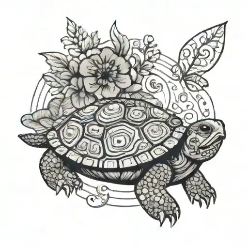 a turtle and a hairless dog from Mexico, all decorated with cempasuchil flowers in minimalist and fine lines tattoo design idea