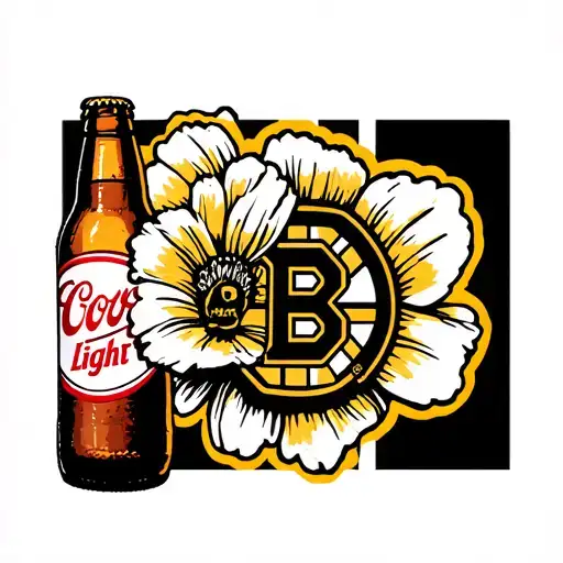 poppy flower with a Coors light beer bottle and a boston bruins logo  tattoo design idea