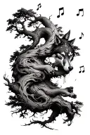Tree with twisting motion, with music notes and a wolf, gritty style tattoo design idea