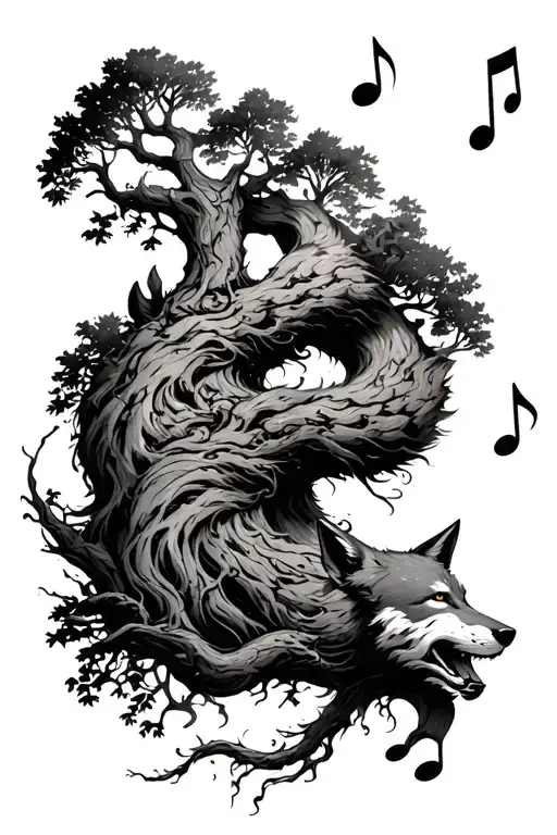 Tree with twisting motion, with music notes and a wolf, gritty style tattoo design idea