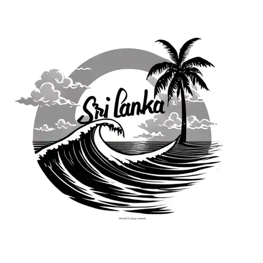 Surf board with wave and sun and clouds in with 'sri lanka' written in sinhalese tattoo design idea
