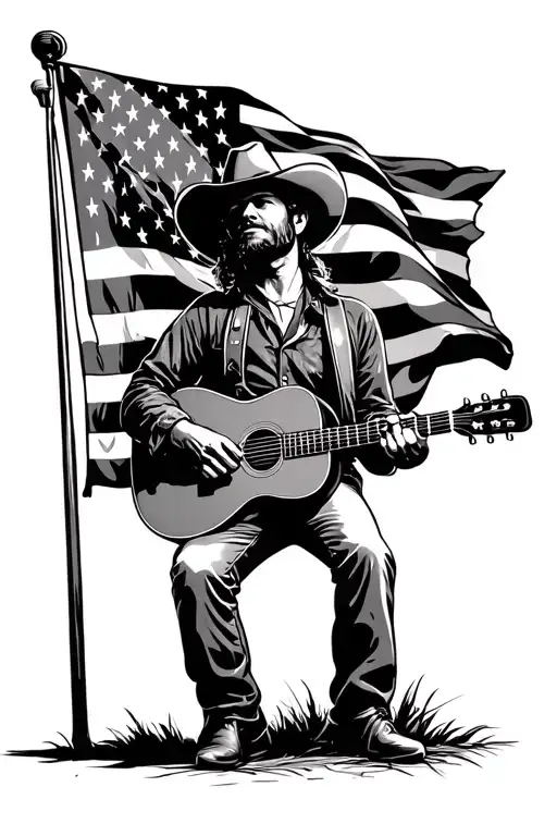cowboy playing guitar, Nashville, American flag, Ryman auditorium, country music tattoo design idea